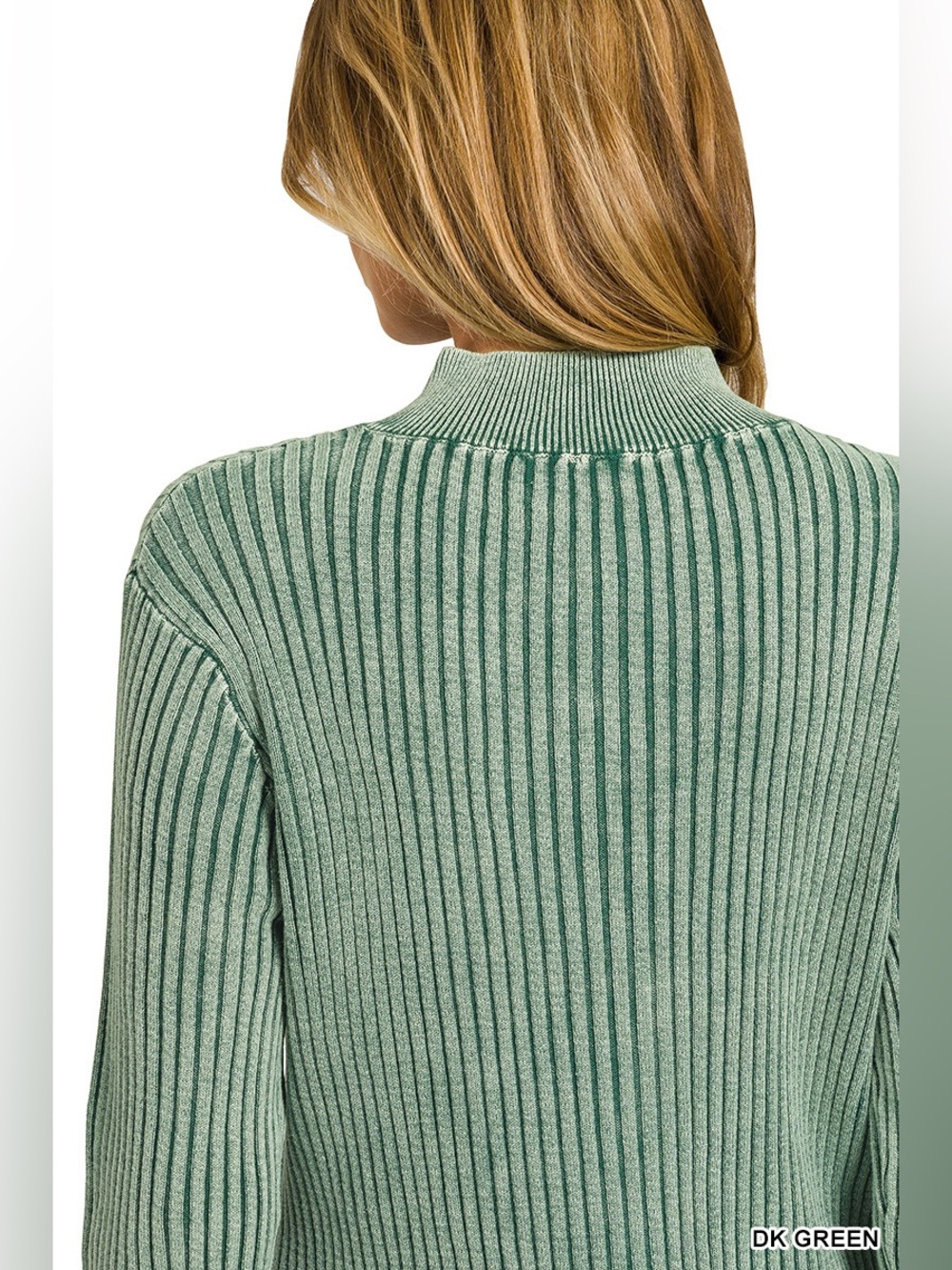 Zenana Dk Green Washed Zip Up Sweater - Picture 6 of 7